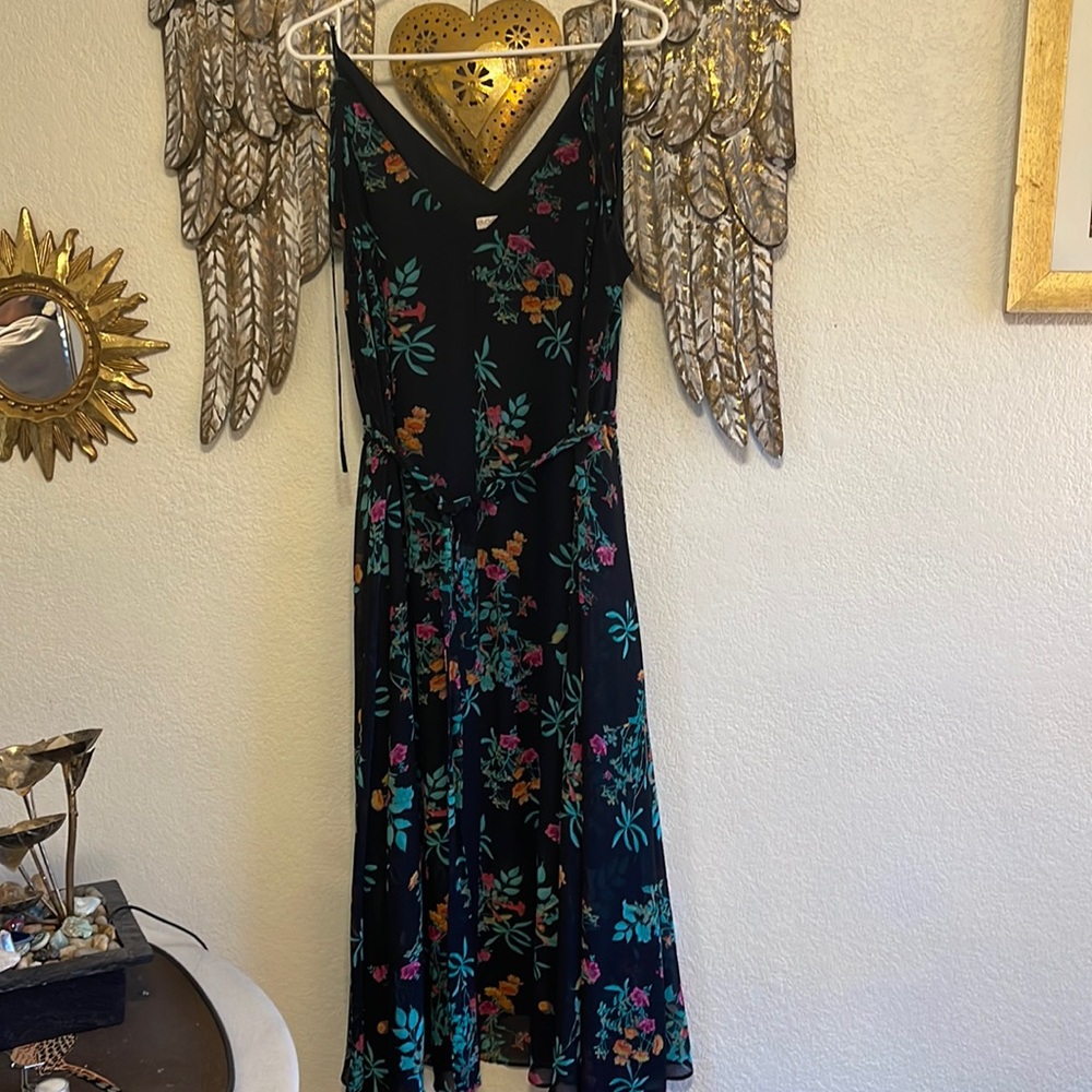 Eva Mendes NY&Co Black Floral Spaghetti Tie Strap Midi Dress Size L